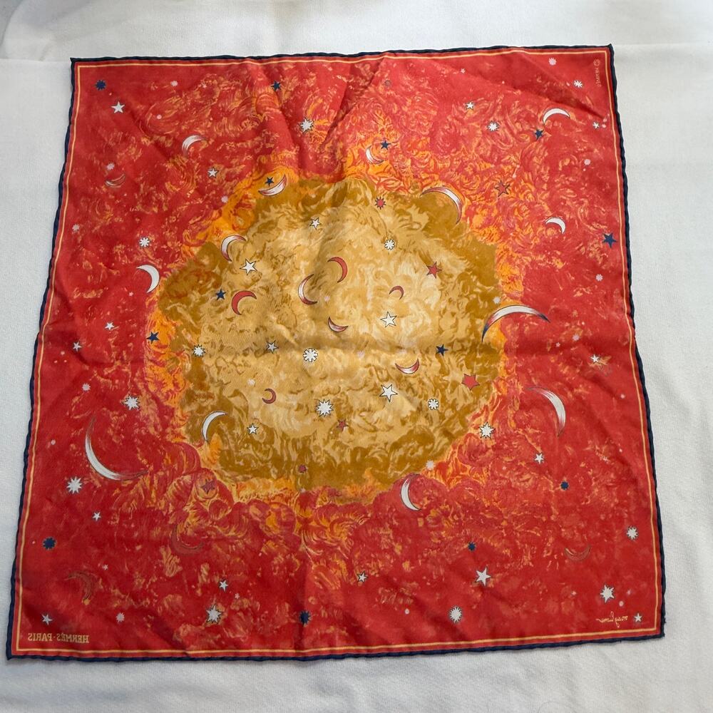 Hermes Paris 'Annee des Etoiles' Pocket Square 100% Silk Vintage Red/Yellow